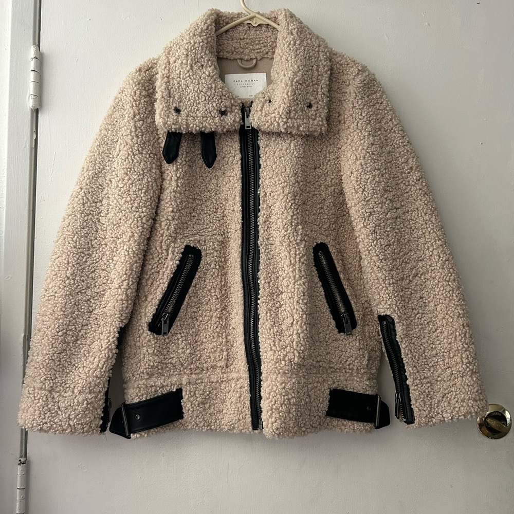 Zara Cream Teddy Jacket with Black Accents